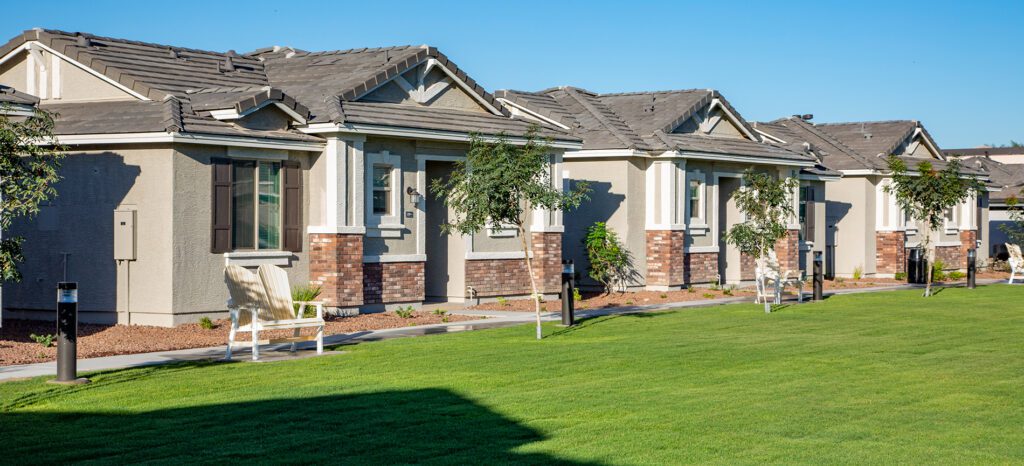 New suburban single-story homes with front lawns and brick facades in the VLux Queen Creek residential neighborhood.