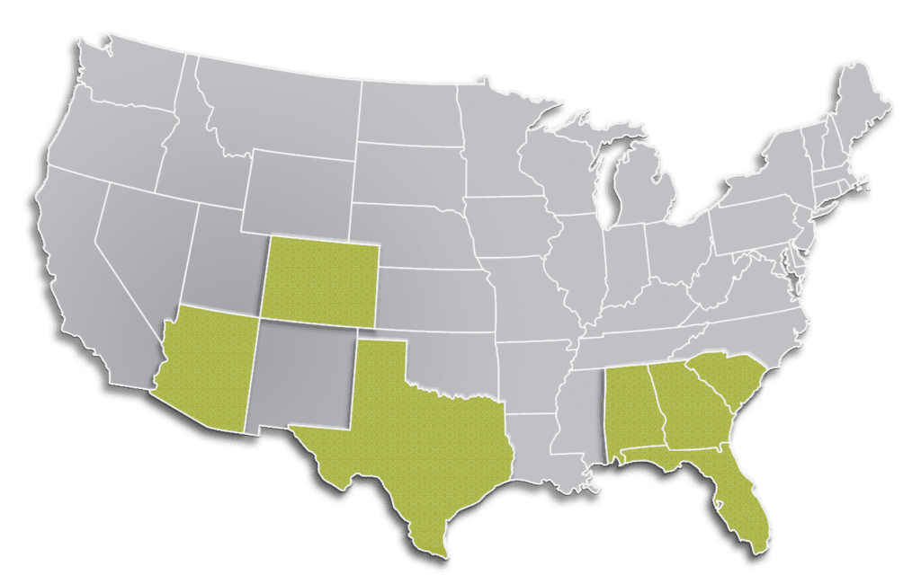 Map of the United States highlighting several states in green, including notable home states.